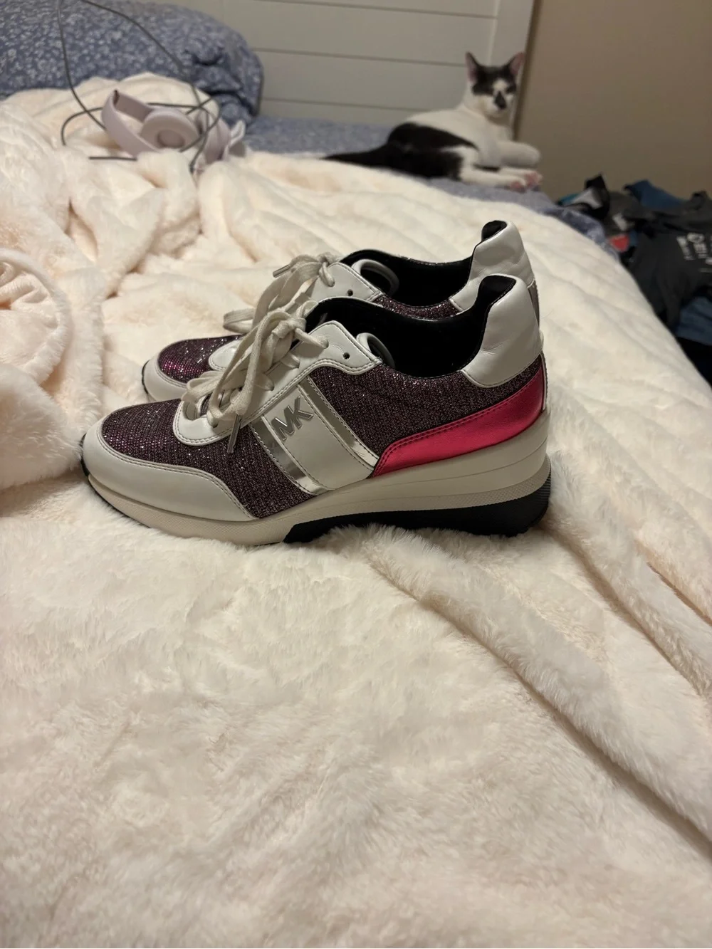 Michael Kors White and Plum Glitter Lace-Up Sneakers
